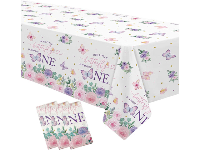 Butterfly First Birthday Decorations Tablecloth - Pink Floral Butterfly 1st Birthday Party Supplies Tablecover - 3 Pack (54in x 108in)