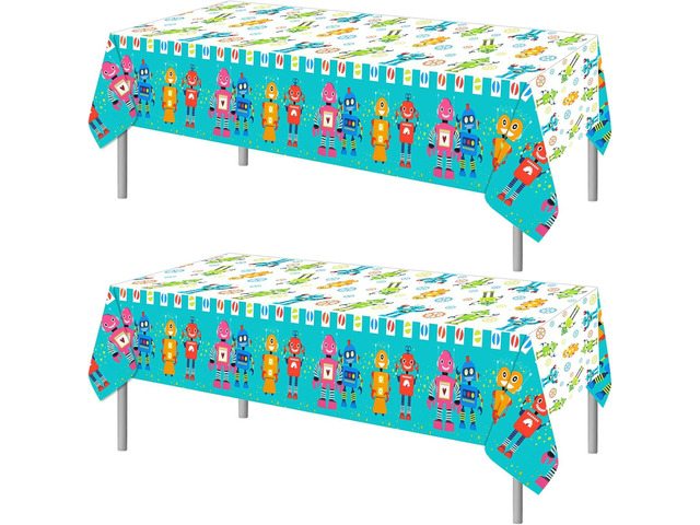 PHOGARY Cartoon Robots Tablecloth Robot Party Decorations, 2 Pieces Robots Plastic Table Covers for Robot Birthday Party Supplies