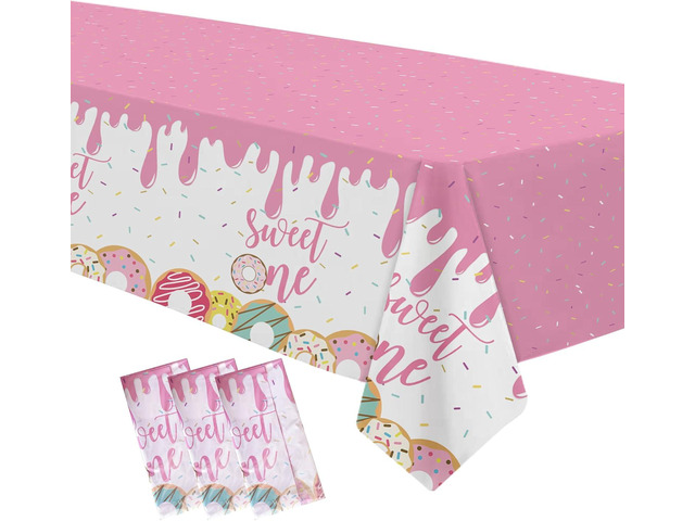 Xigejob Donut Sweet One Birthday Party Tablecloth Decorations for First, Disposable Pink Donut 1st Birthday Party Supplies Table Cover - 3 Pack...