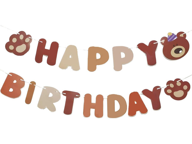 Bear Happy Birthday Banner, Cute Cartoon Bear with Paw Prints Garland, Kids Animal Themed Birthday Decorations, Fun Wall Hanging Letter Bunting...