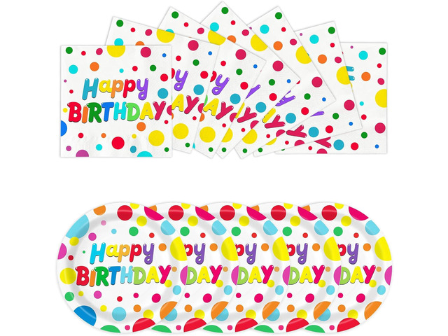 50 PCS Happy Birthday Paper Plates and Napkins Serve 25, 9 inches Colorful Polka Dots Cake Dessert Plates Disposable Dinnerware Tableware Table...