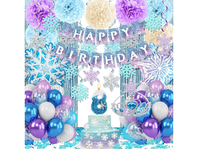 Birthday Decorations Girls, 8th Balloons Birthdays Party Supplies with Number 8 Candle, Pompoms, Snowflake Balloons, Crown, Fringe Curtain Princess...