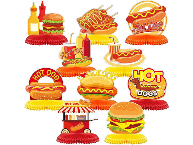 Tioncy 10 Pcs Hotdog Table Centerpieces Hot Dog Day Decor Hotdog Honeycomb Fast Food Burger Decorations Hot Dog Birthday Party Supplies for...