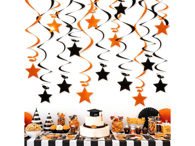 Orange Black Hanging Swirl Decorations - 32 Pcs Metallic Ceiling Swirls with Foil Stars, Plastic Streamers for Graduation, Halloween, Thanksgiving,...