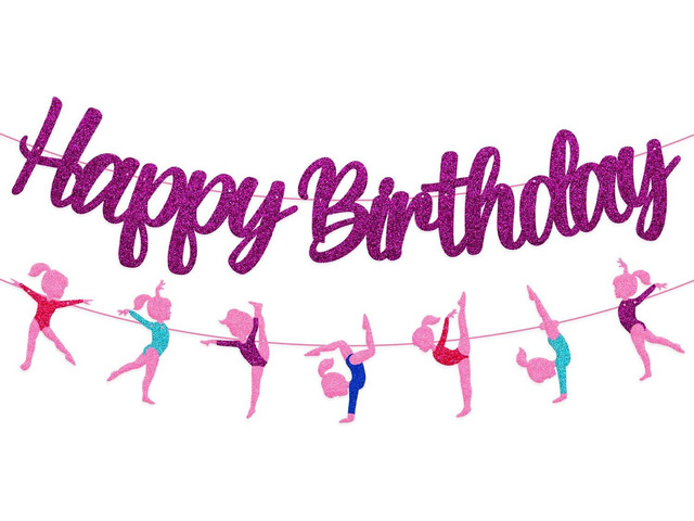 Gymnastics Birthday Banner Gymnast Theme Decoration Glitter Purple Happy Birthday Garland for Girl Gymnastics Bday Party Supplies