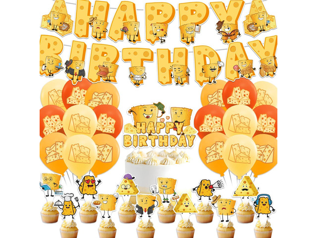Cheese Party Supplies - Cartoon Birthday Decorations Including Happy Banner, Cake Topper, Cupcake Toppers, Balloons for Baby Shower