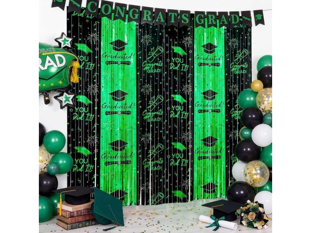 3pcs 2026 Graduation Decorations Black and Green Class of 2026 Party Supplies - 9.9ft X 6.6ft Fringe Curtain Graduation Backdrop and Balloons Kit...