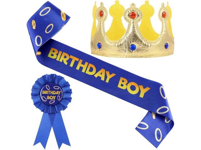 Norme 3 Pcs Blue with Gold Ring Birthday Sash King Crown and Button Pin Blue Golden Rings Cartoon Themed Birthday Party Decorations for Boys Party...