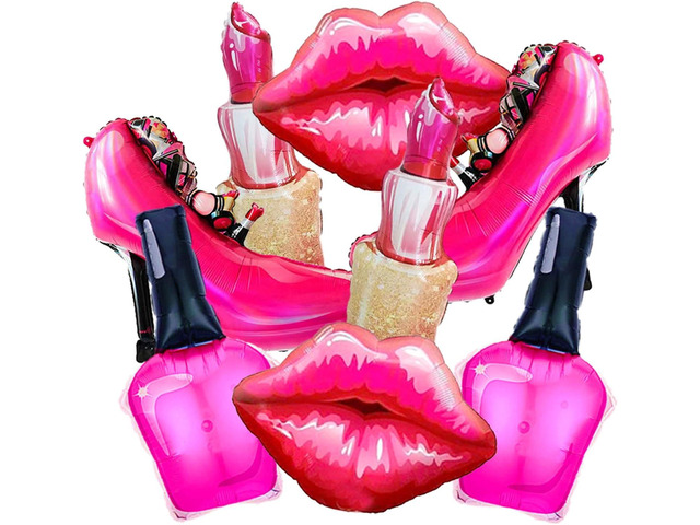 8Pcs Hot Pink Balloon Kit Red Lips, Lipstick, High Heels, Nail Polish Balloons Threenager Birthday Decorations Girl, Bachelorette Party, Girls...