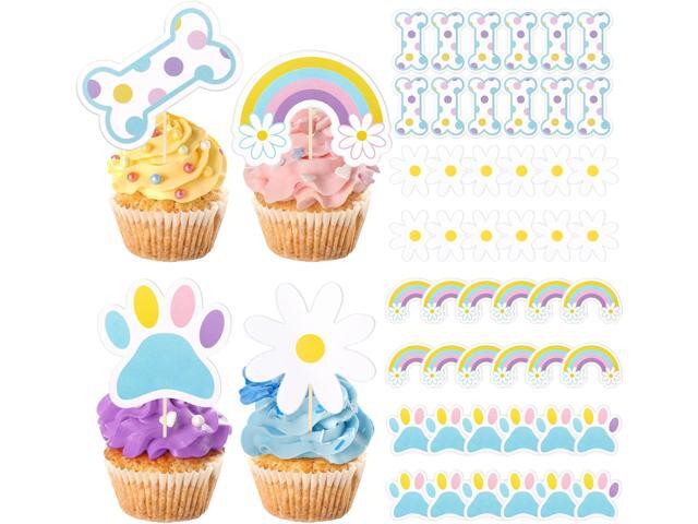 Foilswirl 48 Pcs Blue Dog Cake Cupcake Toppers Set Cartoon Paw Daisy Dog Cake Topper Birthday Decorations Flowers Daisy and Rainbow Topper Party.
