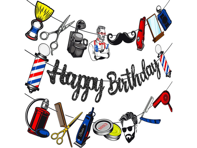 Barber Banners 3Pcs Hairdresser Party Decorations Glitter Black Barbershop Happy Birthday Banner Hairstylist Party Supplies for Barber Lovers Decor