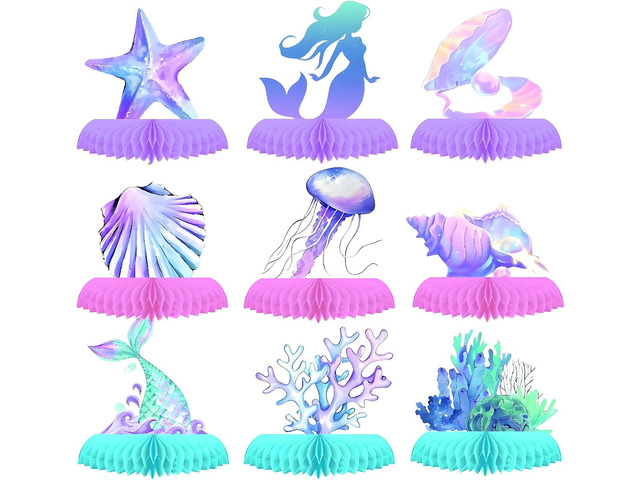 9 PCS Mermaid Theme Party Decorations, Ocean Mermaids Centerpieces for Tables Honeycomb Centerpiece, 3D Sea Party Supplies for Birthday Decor