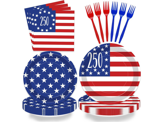 250th Anniversary Party Tableware Set, 96PCS American Flag Disposable Plates, Napkins, Forks for Patriotic Party Supplies 4th of July Decorations,...