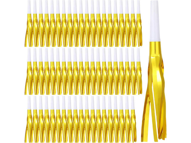 60 Pcs Gold Noise Makers, Metallic Fringed Noise Makers for New Year Party Favor Supplies (Gold White)