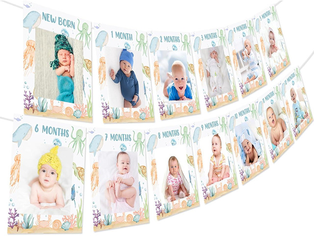 Under The Sea 1st Birthday Photo Banner Decorations for 1 Year Old Boys Girls, Ocean Animal Photo Banner From Newborn to 12 Months Monthly...