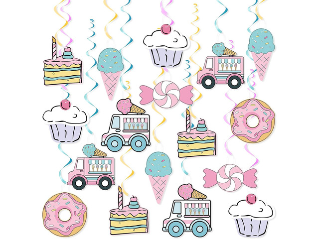 Sweet Comic Ice Cream Donut Hanging Swirl Party Decor, Pastel Cartoon 2D Comic Donut/Candy Party Ceiling Streamers for Girl Ice Cream Theme...