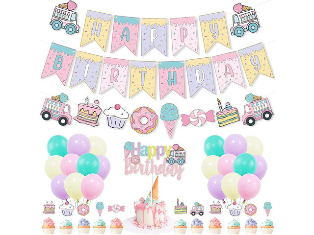 Comic Sweet Ice Cream Donut Birthday Party Decor, Cartoon 2D Comic HAPPY BIRTHDAY Party Banner Cake Toppers Balloons for Kids Awesome Ice Cream...