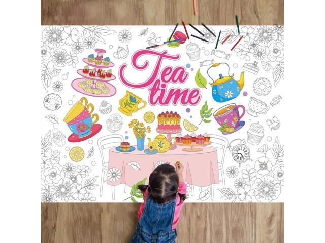 Naozinebi Tea Party Coloring Poster for Kids Summer Giant Coloring Poster Large Flower Tea Time Tablecloth Jumbo Books for Classroom Home Birthday...