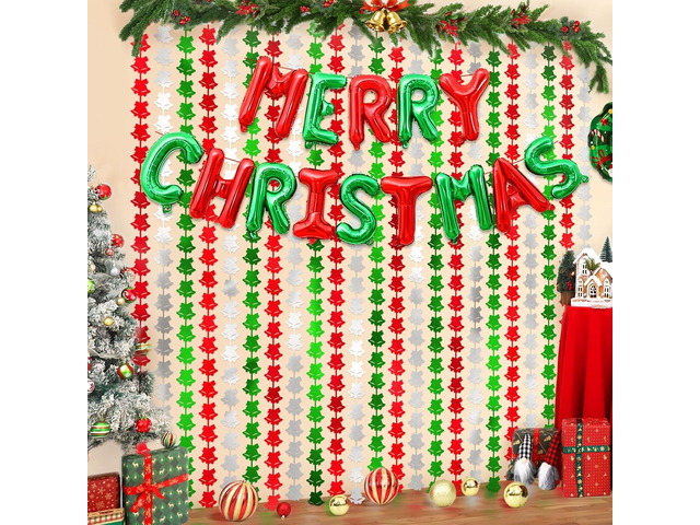2Pack Christmas Foil Fringe Curtains with Merry Christmas Balloons, 3.3 x 6.6Ft Bell Backdrop Tinsel Photo Booth Props Streamers for New Year Ugly...