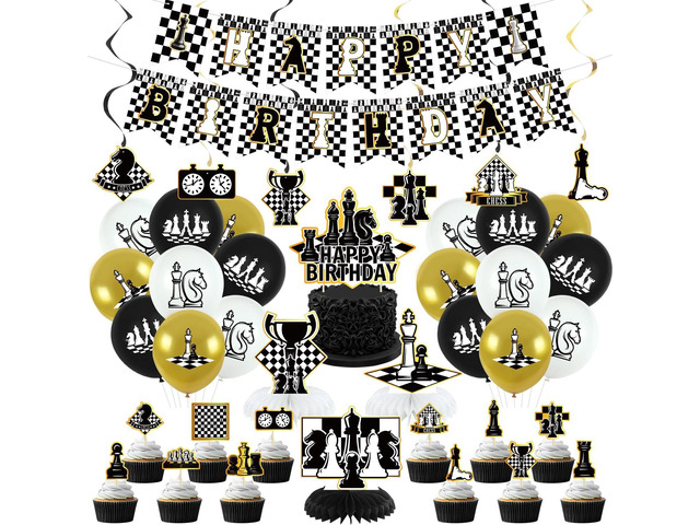 Chess Birthday Party Decorations - Chess Party Supplies including Happy Birthday Banner, Spirals, Cake Toppers, Table Centerpieces, Balloons (LQ)