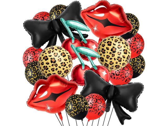 Realspring 18 Pcs Red and Black Party Kit 12 Leopard Cheetah Print Birthday Balloons Cherry Cheetah Red Lips Black Bow Foil Balloons for Kiss The...