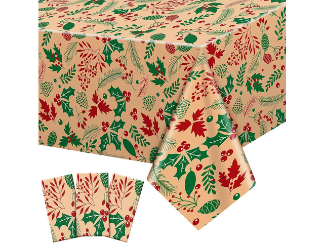 Hahafelt 3 Pack Christmas Tablecloths 54 x 108 Inch Disposable Plastic Holly Leaves Table Covers Christmas Berry Rectangle Tablecloth Waterproof...
