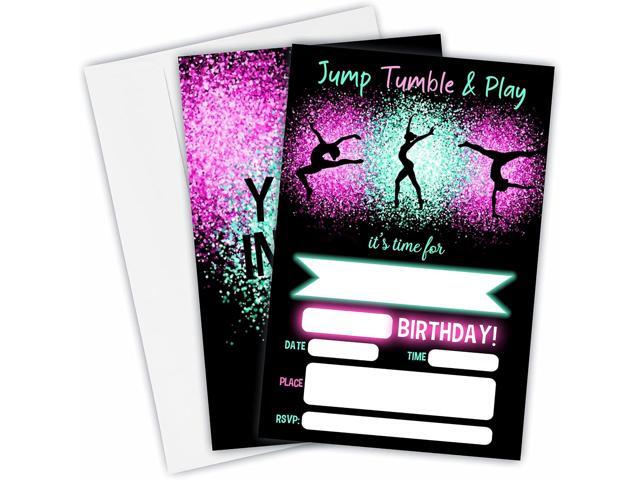 Jump Tumble & Play Birthday Invitations, Neon Pink Foil Gymnastic Birthday Party Invites Decorations, Birthday Party And Events Supplies, 20...