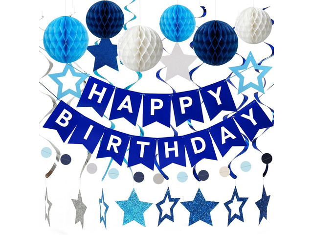 Happy Birthday Decorations, Blue Happy Birthday Banner with Honeycomb Balls, Stars Hanging Swirl Streamers, Circle Dots Garland, Party Decorations...