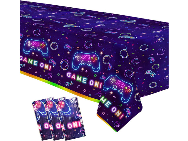 Video Game Party Tablecloth Decorations - Disposable Neon Glow Level Up Game On Birthday Party Supplies Table Cover - 3 Pack (54in x 108in)