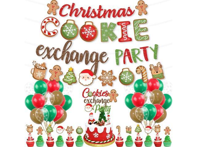 Christmas Gingerbread Baking Cookie Swap Party Decor, Christmas Cookie Exchange Banner Snowflake Elk Cake Topper Balloons for Christmas Cookie.
