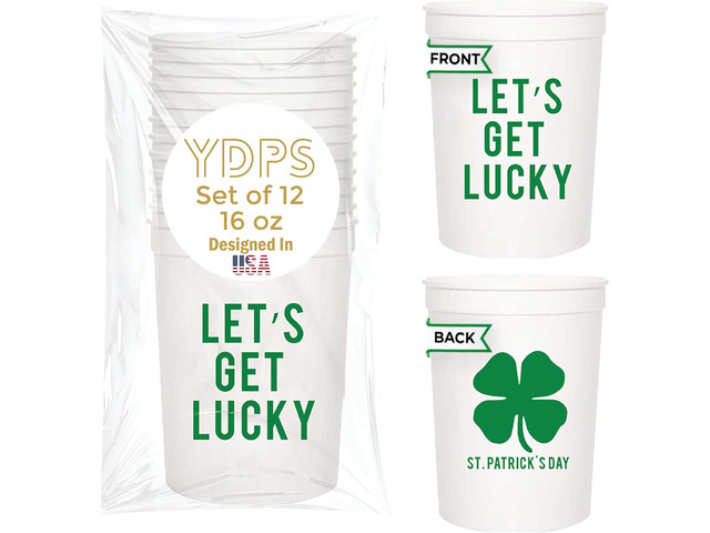 Let's Get Lucky St. Patrick's Day Cups, Set of 12-16oz Plastic Saint Cups for Party Favors and Shamrock-Themed Decorations - St Patricks Day Party...