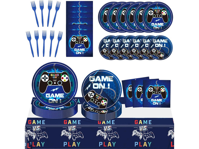 Video Game Party Supplies Tableware Set, Video Game Birthday Decorations, Including Dinner Plates, Tablecloth, Forks, and Napkins, Game Birthday...