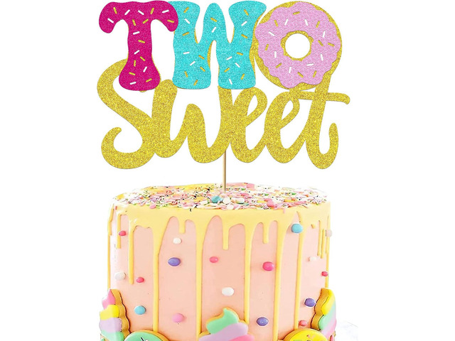 Donut Sweet Two Cake Topper Glitter Theme Sencond Happy Birthday Decorations for Girl Boy Baby Shower Party Supplies