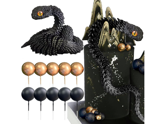 3D Printed Snake Fantasy Snake Cake Decoration Wizard Cake Topper Black Gold Balls Cake for Birthday Fantasy Fan Party Supplies