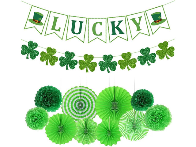 St. Patrick's Day Decorations, St Patty's Saint Decor Accessories for Irish Party Supplies, Including Paper Fan, Glitter Lucky Banner, Shamrock...