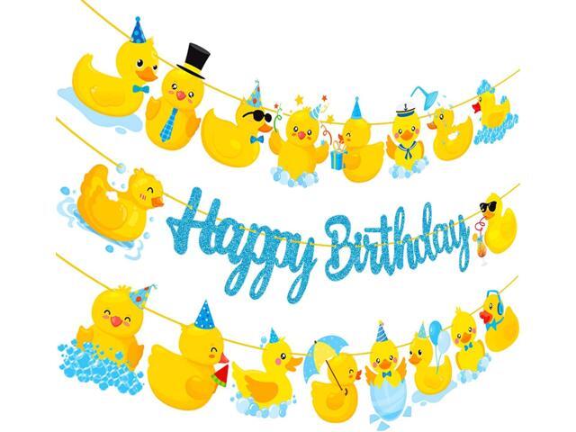 Duck Happy Birthday Banners - Blue Glitter Rubber Duck Party Decorations and Supplies - 3Pcs