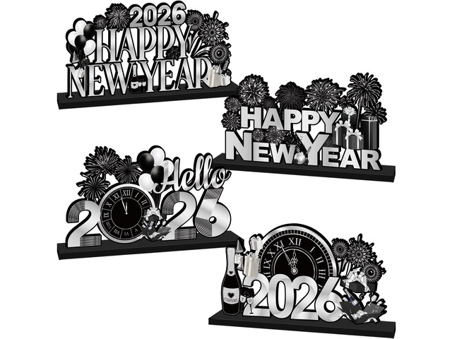 4Pcs New Years Decorations 2026 Wooden Table Decorations Black Silver New Years Eve Party Supplies 2026 Happy New Year Table Centerpieces for Nye...