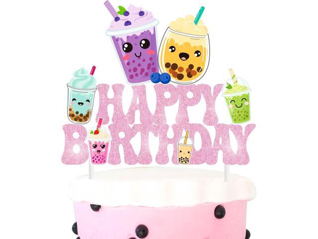 Bubble Birthday Cake Topper Glittery Pink Cute boba Tea Cake Topper Bubble Tea Birthday Party Decoration Pink Bubble Theme Cake Pick for Pearl Milk...