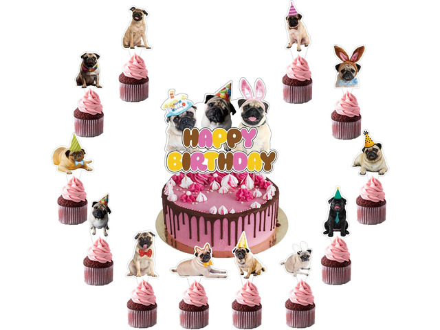 25 Pcs Pug Cake Topper Cupcake Toppers Pug Dog Cake Decorations for Pug Party Decorations Pug Birthday Party Supplies