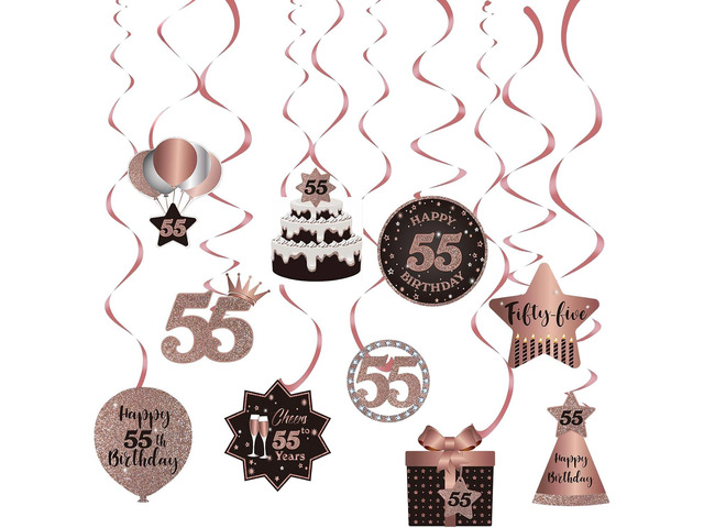 Happy 55th Birthday Party Hanging Swirls Streams Ceiling Decorations, Celebration 55 Foil Hanging Swirls with Cutouts for 55 Years Old Rose Gold...