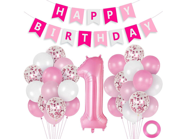 Pink Baby 1st Birthday Decoration, Happy Birthday Banner with 40 Inch Foil Number 1 Balloons, Pink White Confetti Latex Balloons for Baby Girl Boy...