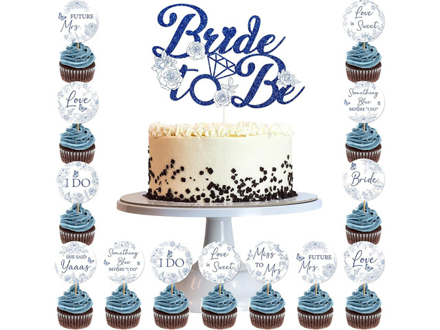 Bridal Shower Cupcake Toppers - 25 Pcs Something Blue Cake Decorations, Before I Do Bachelorette Bride To Be Engagement Wedding Party Supplies,...