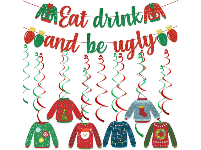 Eat Drink And Be Ugly Banner Ugly Christmas Sweater Decorations Ugly Sweater Party Supplies Ugly Christmas Sweater Party Decor