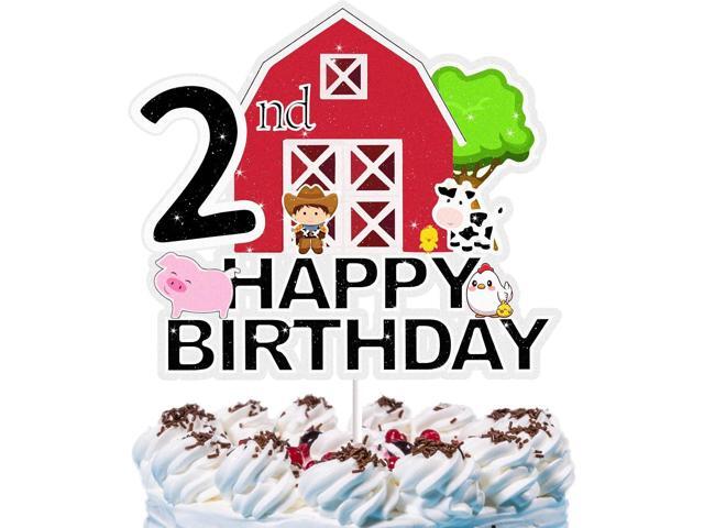 Farm Animal Cake Topper for Boys Girls Kids 2 Years Old Happy Birthday 2nd Cake Decorations Cow Pig Cowboy Farmer Farmhouse Theme Party Supplies.