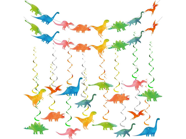 34 Pcs Watercolor Dinosaur Banner and Hanging Swirls Party Decorations Set Dinosaur Birthday Decor Dino Birthday Streamers for Kids Jungle Party...