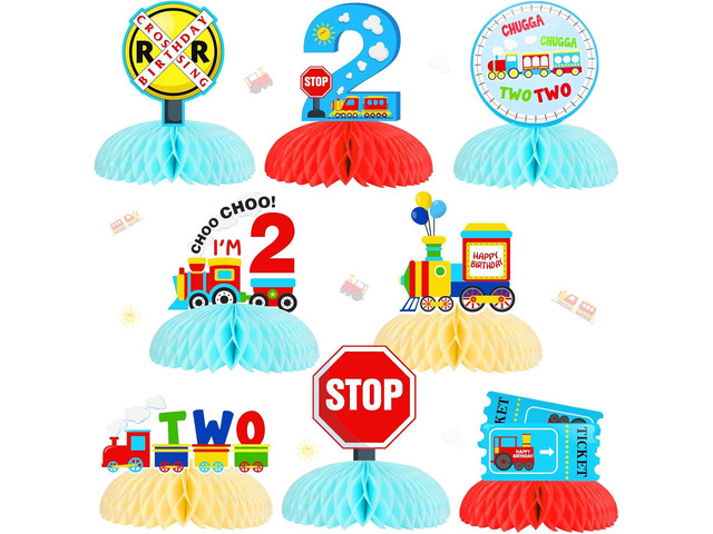 Train 2nd Birthday Decorations, Chugga Chugga Two Two Honeycomb Centerpieces, Railroad Train Crossing Theme Table Toppers Party Supplies for 2 Year...