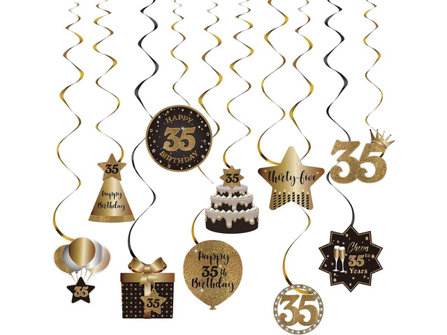 Happy 35th Birthday Party Hanging Swirls Streams Ceiling Decorations, Celebration 35 Foil Hanging Swirls with Cutouts for 35 Years Old Black and...