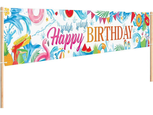 Tingjoo Splish Splash Pool Party Birthday Decorations Pink Splish Splash Summer Happy Birthday Banner Extra Large Size Banner for Summer Pool Party...