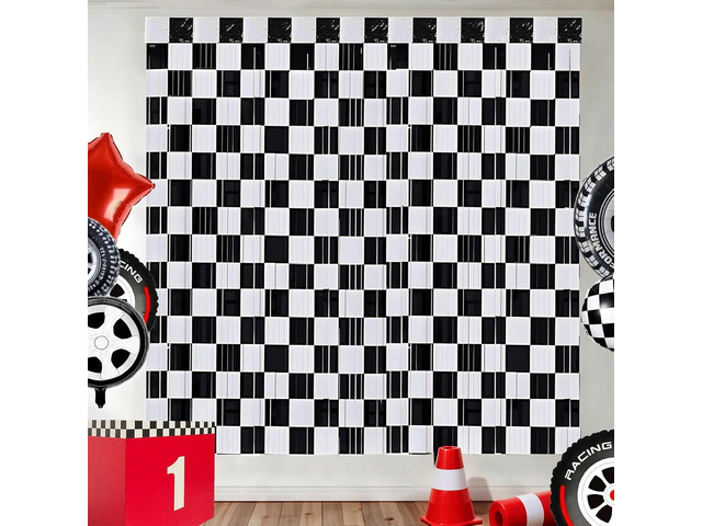Race Car Birthday Party Decorations,2 Pack Checkered Black White Foil Streamers Fringe Curtains Backdrops for One Happy Dude Racing Cars Party...
