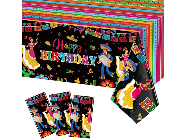 WovWeave 3 Pcs Mexican Fiesta Plastic Tablecloth 54 x 108 Inch Happy Birthday Fiesta Disposable Tablecover for Mexican Taco Night Birthday Party...